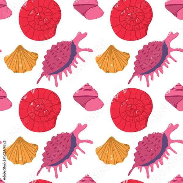 Fototapeta Vibrant Seashell Pattern Featuring Varied Shells Against a Clean White Background. Colorful pattern showcasing seashell illustrations in pink, red, and yellow hues, uniformly arranged on a white 