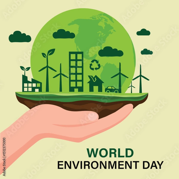 Fototapeta Poster concept of ecosystem city and World Environment Day with slogan and the day, name of event in watercolor style and vector design.