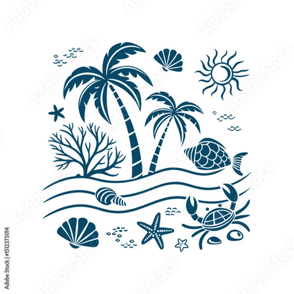 Fototapeta Beach landscape with palm trees, ocean waves, and shell illustration in line art style for summer vacation, resort themes, and travel illustrations