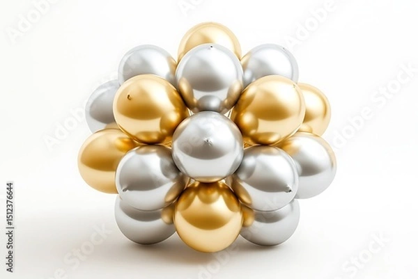 Obraz A cluster of shiny silver and gold balloons arranged in a spherical shape on a white background