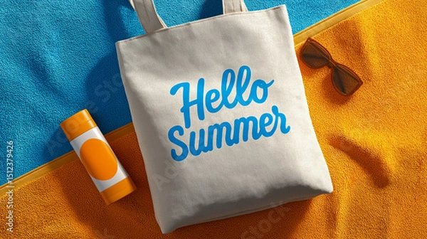 Obraz Flat lay of beach tote with Hello Summer text, sunglasses and sunscreen on colorful towels, perfect for vacation promotions, travel blogs and seasonal ads