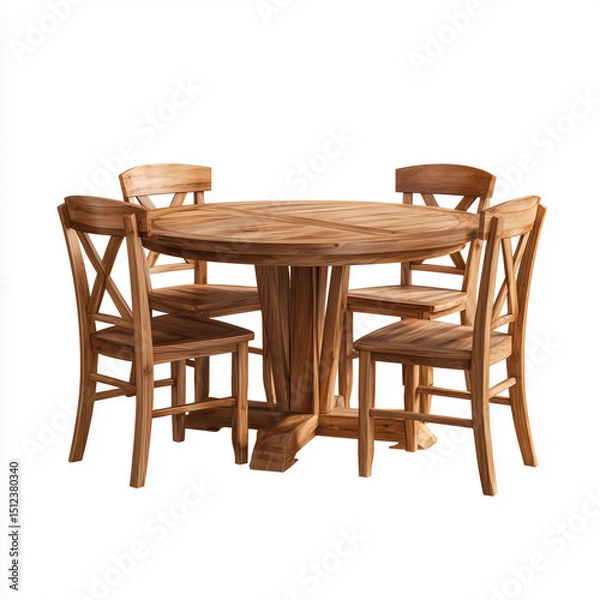 Fototapeta Rustic Round Dining Table and Chairs Set , PNG isolated cut out image