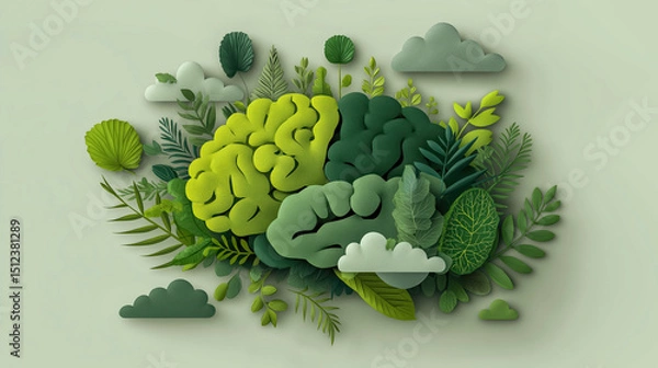 Obraz Creative eco-themed illustration of brain surrounded by leaves and clouds, symbolizing green thinking, mental growth, sustainable mindset and ecology concepts