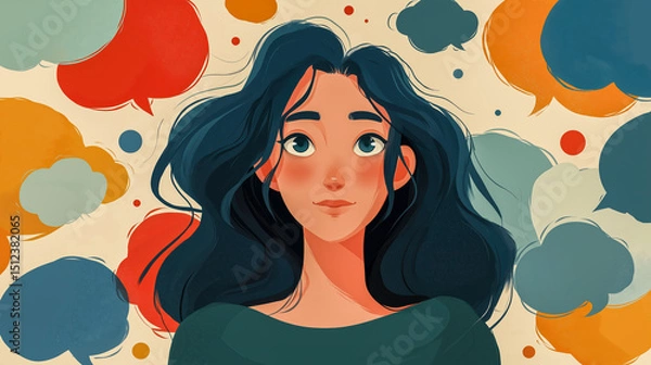 Obraz Stylized portrait of serene woman with colorful speech bubbles around, ideal for communication, social media, psychology, emotional expression and blog visuals