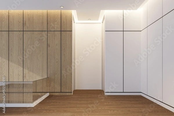 Fototapeta Empty room in minimalist style with white and wood tones and hidden ceiling lights.3d render