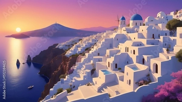 Obraz sunset in the city of oia santorini greece