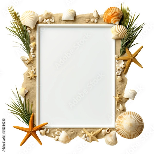 Fototapeta A white frame with shells and a star in the middle