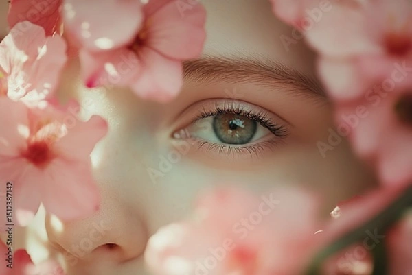 Fototapeta Detailed close-up of woman's eye with subtle makeup, set against floral arrangement in diffused daylight. Great for wellness articles, cosmetic brand visuals, spa brochures