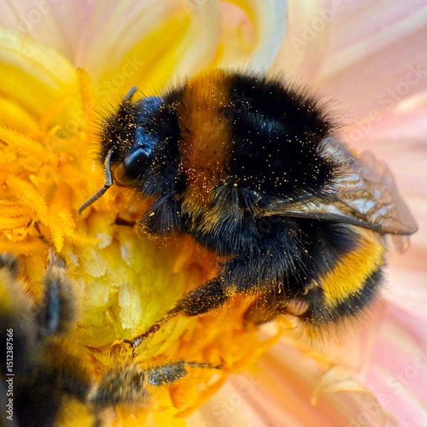 Fototapeta Macro shot of a bumble bee covered in pollen in a flower