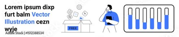 Fototapeta Person holding folder, analyzing free tools from a box, surrounded by icons and data-filled test tubes. Ideal for innovation, technology, research, experimentation, data analysis, education simple
