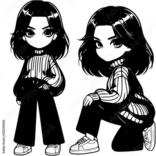 Fototapeta Vector art of Two cartoon girls in sweaters and pants isolated on white background in chibi style