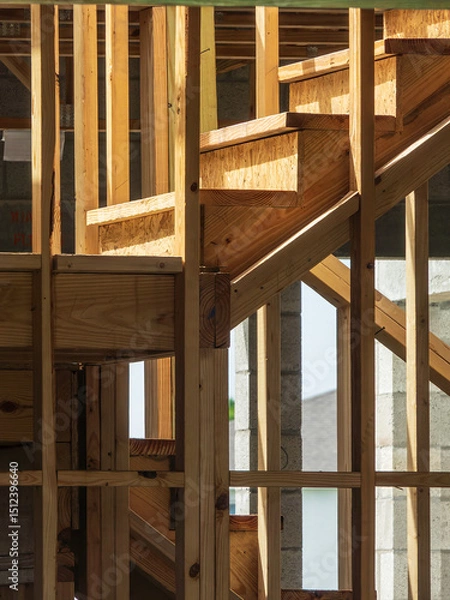 Obraz Stairway with risers of particle board and treads of wood, a wooden landing, and change of direction inside a bi-level townhouse under construction in a residential development in southwest Florida