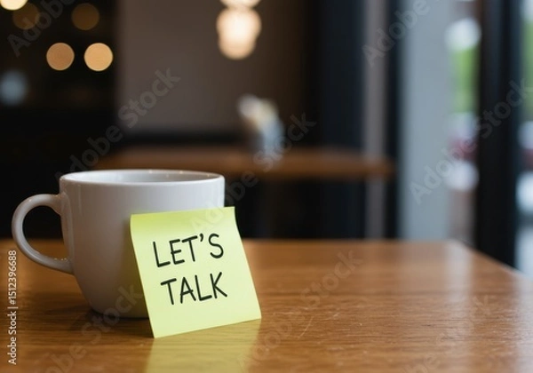 Fototapeta Lets talk message on sticky note by coffee cup in cafe