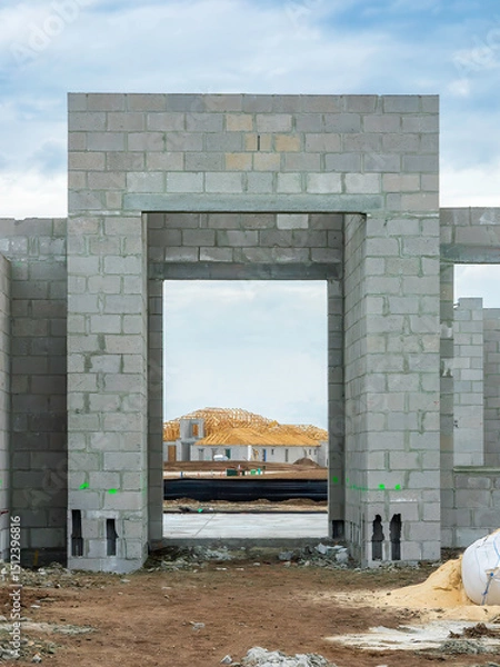 Obraz Street view of the front entrance of a house under construction, with framed view of a new house with prefabricated roof trusses in place, in a suburban residential development in southwest Florida