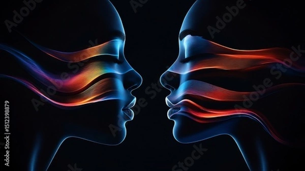 Fototapeta Abstract visualization of emotional intelligence colorful lightwaves interconnecting faces