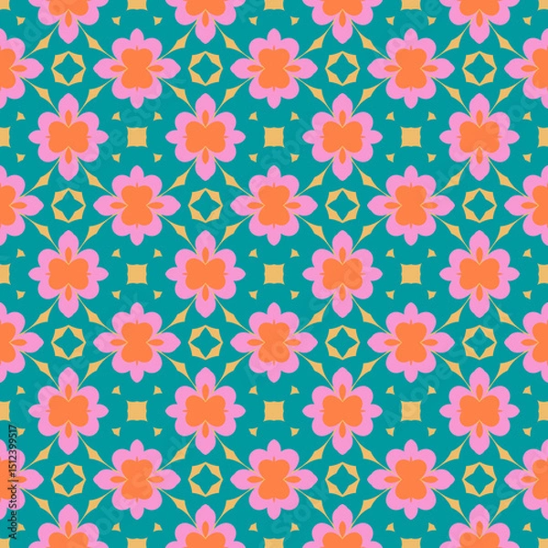 Obraz Symmetrical Floral Pattern in Coral and Pink on a Teal Green Background