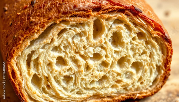 Obraz Close up of fresh crusty bread with soft airy texture and golden brown crust