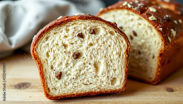 Obraz Soft chocolate chip bread slice with golden crust on wooden table