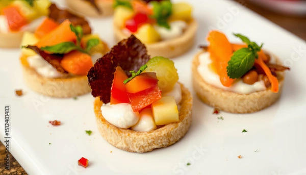 Obraz Colorful bite sized appetizers with fresh vegetables and creamy topping on white plate