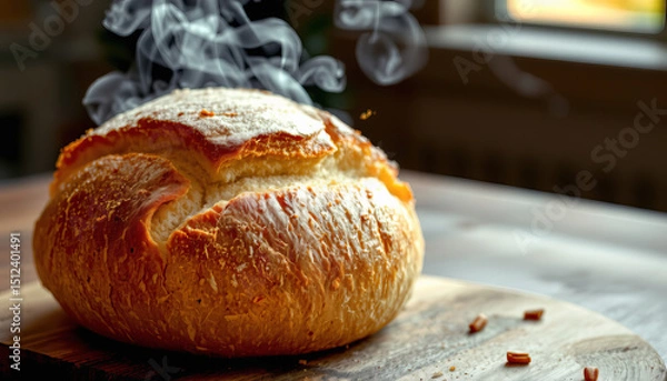 Obraz Freshly baked bread with steam escaping on wooden board in warm light
