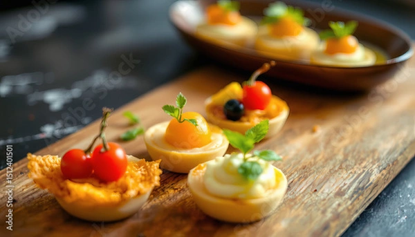 Obraz Delicious bite sized appetizers with fresh fruit and herbs on wooden board, beautifully arranged