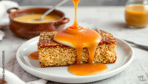 Obraz Thick amber colored caramel sauce is poured over crispy rice cake on white plate