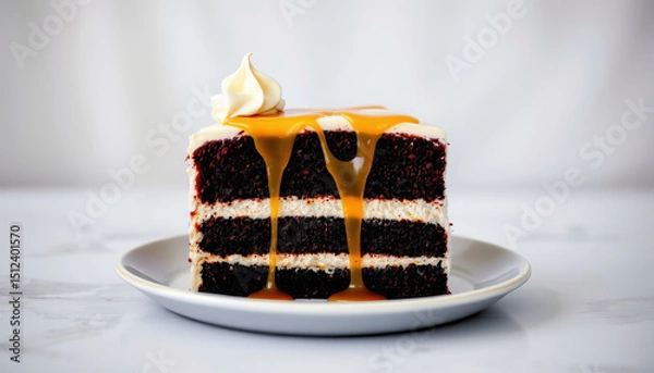 Obraz Chocolate cake slice with creamy frosting and caramel sauce dripping on white plate
