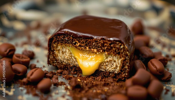 Obraz Chocolate caramel candy with coffee beans and crumbs, rich and creamy dessert treat