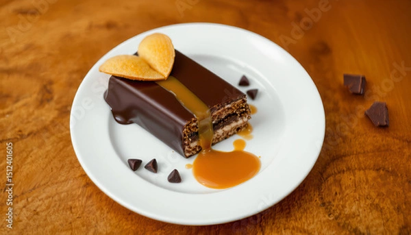 Obraz Chocolate dessert with caramel sauce and heart shaped cookie on white plate on wooden table