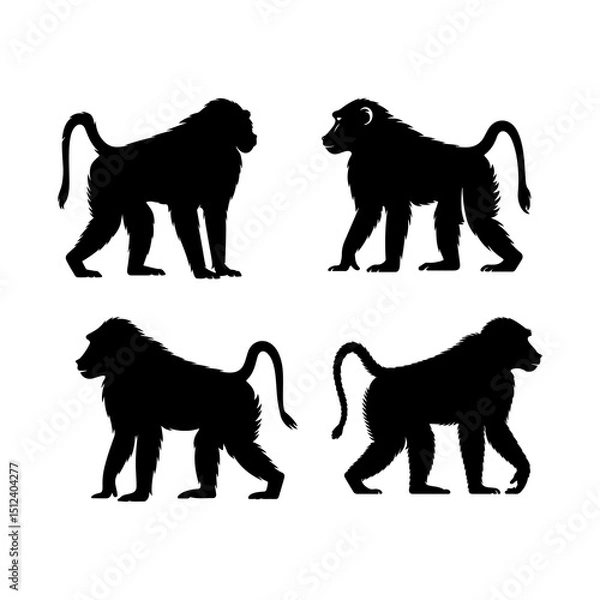 Fototapeta Silhouette depiction of four baboons in various poses against a white background showcasing primate forms