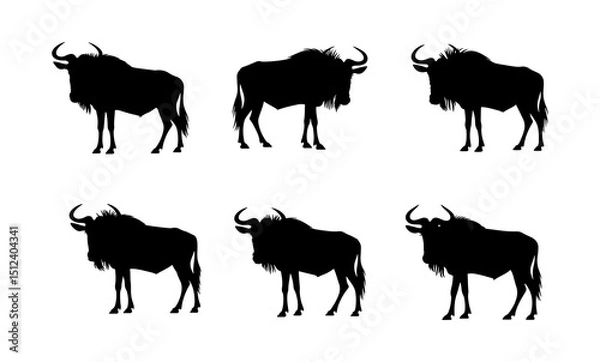 Fototapeta Silhouette depiction of six wildebeests arranged in a grid pattern on a white background image design