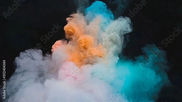 Fototapeta Abstract burst of multicolor powder on dark black background showing intricate particle motion and vivid pigment contrast
