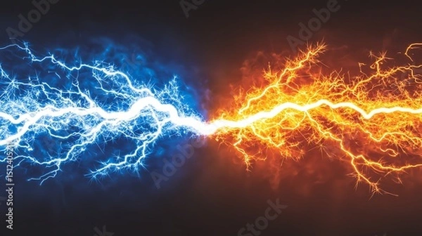 Fototapeta Electric current explosion with dual color sparks in vibrant blue and fiery orange bursting outward