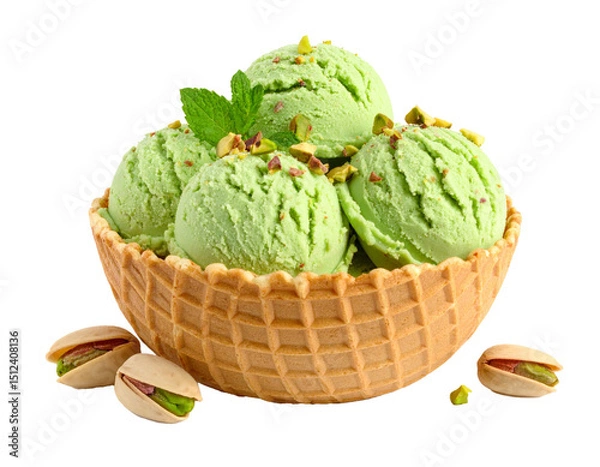 Obraz Pistachio ice cream in a waffle bowl on a transparent background