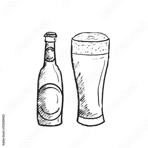 Fototapeta Beer glass with foam and bottle in black brush stroke texture isolated on white. Hand drawn vector sketch illustration in vintage charcoal ink. Bar menu, beverages.