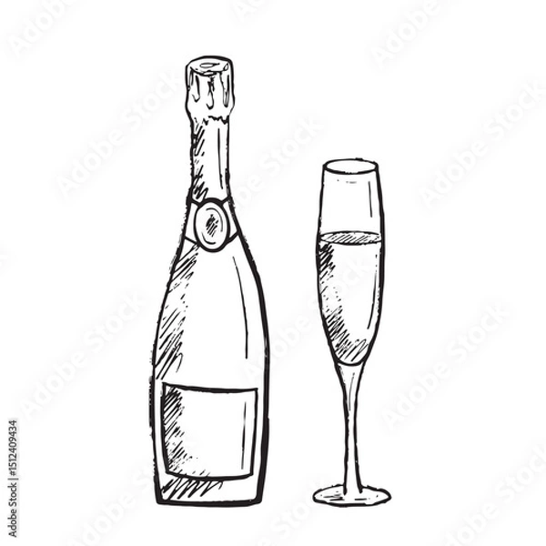 Fototapeta Champagne bottle with glass as a concept of celebrating, new year, birthday in black brush stroke texture isolated on white. Hand drawn vector sketch illustration in vintage charcoal ink.