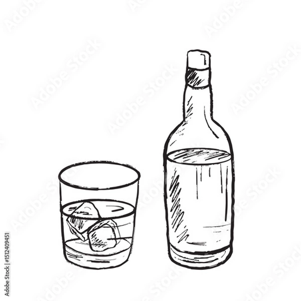 Fototapeta Whiskey bottle with glass and ice in black brush stroke texture isolated on white. Hand drawn vector sketch illustration in vintage charcoal ink. Pub menu, bar concept, alcohol drink.