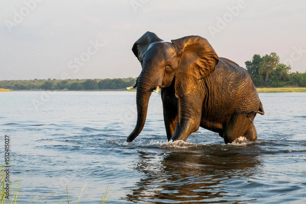 Obraz Close encounter with Elephants crossing the Chobe river between Namibia and Botswana in the late afternoon seen from a boat.