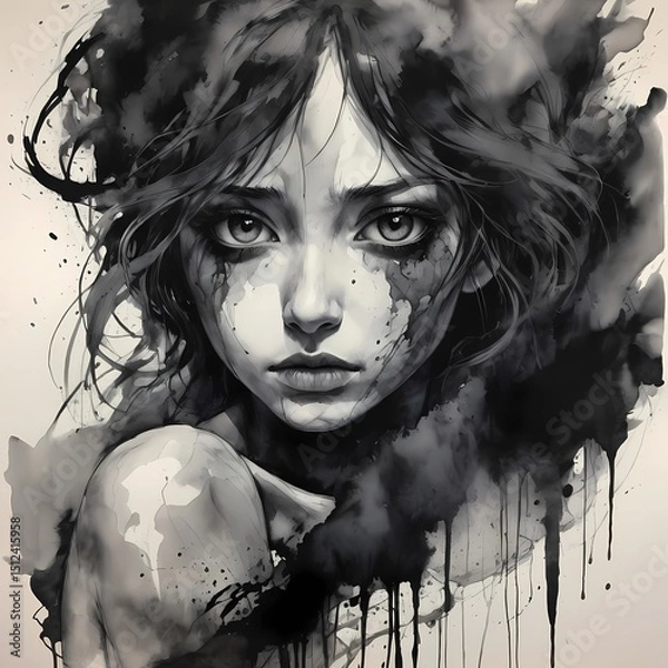 Fototapeta expressive ink and coal drawing that conveys with every line, smudge, and scratch telling a story of pain.