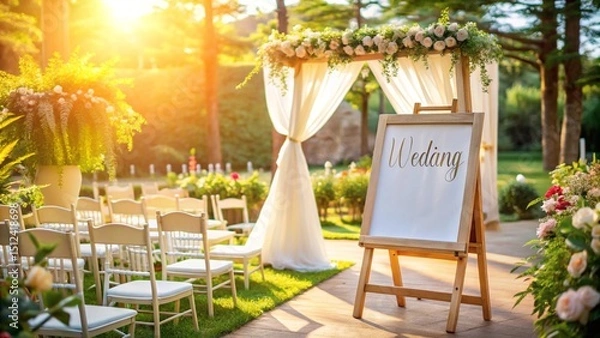 Obraz Outdoor Wedding Scene with Blank and White Placard for Advertisement or Signage Mockup