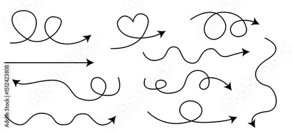 Obraz Collection of playful hand drawn arrows with swirls and a heart shape in transparent background, line pointers, wavy direction