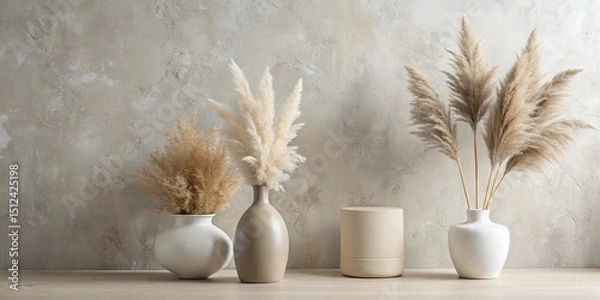 Obraz Modern Neutral Ceramic Vases with Pampas Grass – Minimalist Background for Marketing, Text, and Logo Placement
