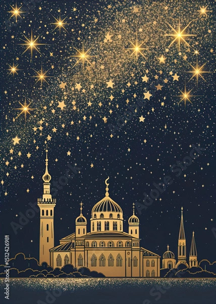 Fototapeta depicts a nighttime scene with a large building featuring a dome and minarets, set against a starry sky with glittering stars. The building and sky are rendered in a golden color scheme on a dark back