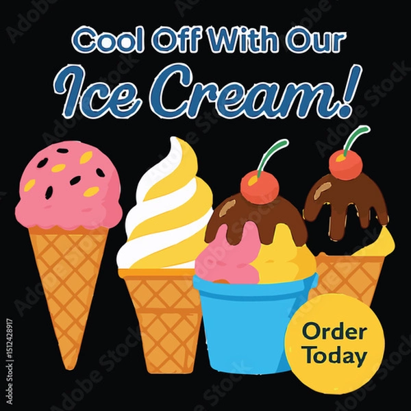 Fototapeta Colorful Ice Cream Vector Poster – Sweet Summer Treats with Frozen Dessert Cones, Scoops, Popsicles & Cartoon Style Illustrations – Perfect for Kids Party, Cool Vibes & Yummy Celebration