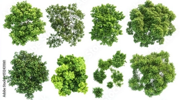 Fototapeta Collection of Lush Green Tree Canopies - Top-Down View for Nature Design , isolated on white background PNG