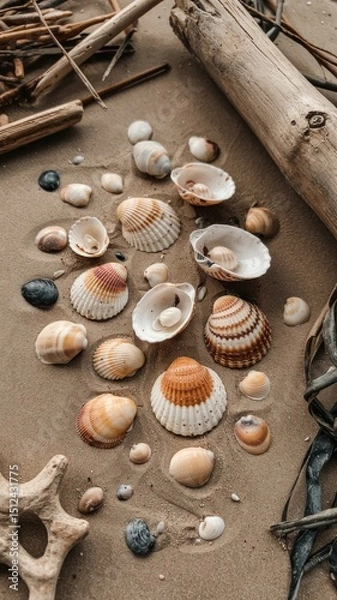 Fototapeta Partially Buried Shells: Beach Edge Composition