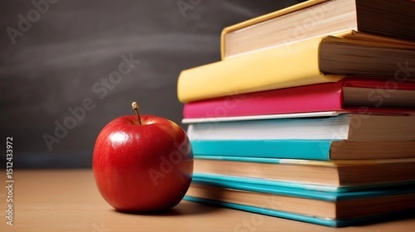 Fototapeta Stack of hardbound textbooks vibrant covers arranged on a desk topped with a shiny red apple symbolizing academic success and traditional education themes cut out on isolated transparent background