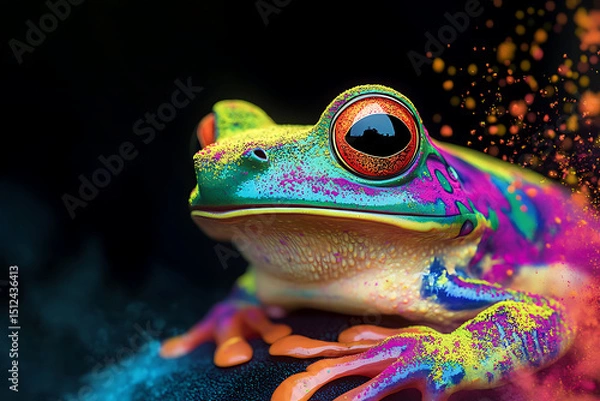Obraz Vibrant close-up of a colorful frog against a dark background with abstract splashes of color