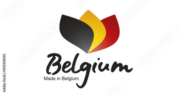 Obraz Made in Belgium logo, sticker. Abstract Belgium flag and ribbon in shape of leaf flower with handwritten typography lettering