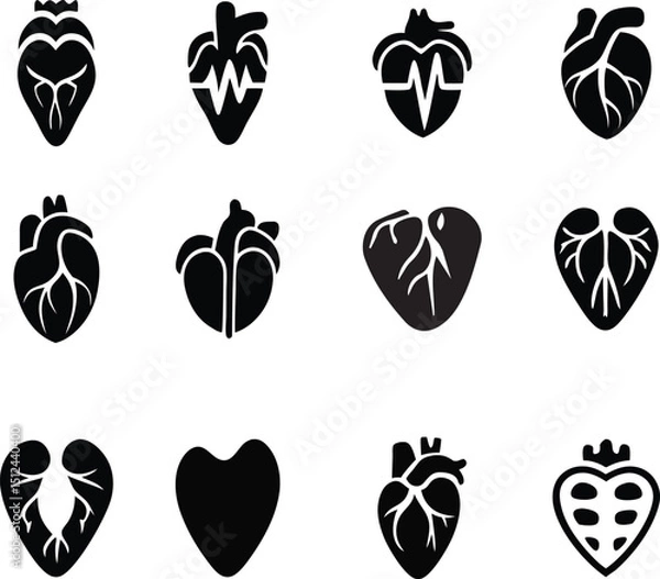 Obraz Heart Icons Collection for Medical and Love Designs, Black Anatomical Heart Icons Set Vector Medical & Artistic Symbols